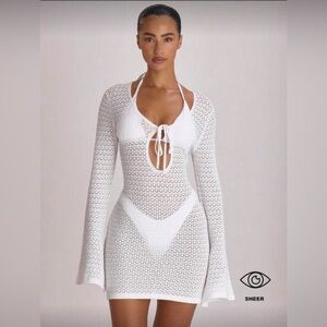 White Crochet Tie-Front Long-Sleeve Swim Cover-Up Dress